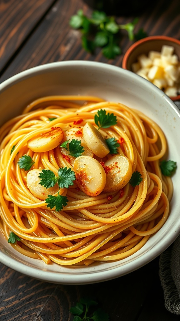 Spaghetti aglio e olio with garlic, olive oil, and parsley on a rustic table.